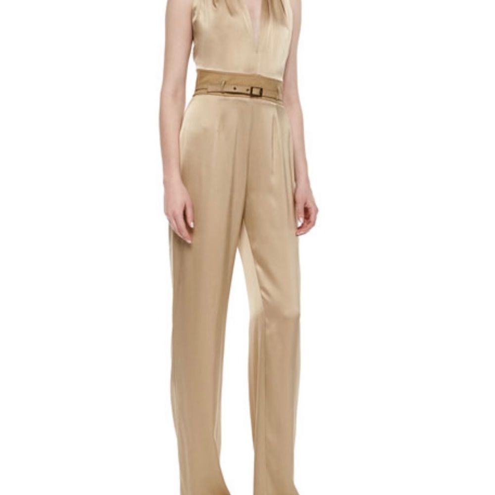 Tamara Mellon silk jumpsuit NWT size 8, cream / light brown, fitted